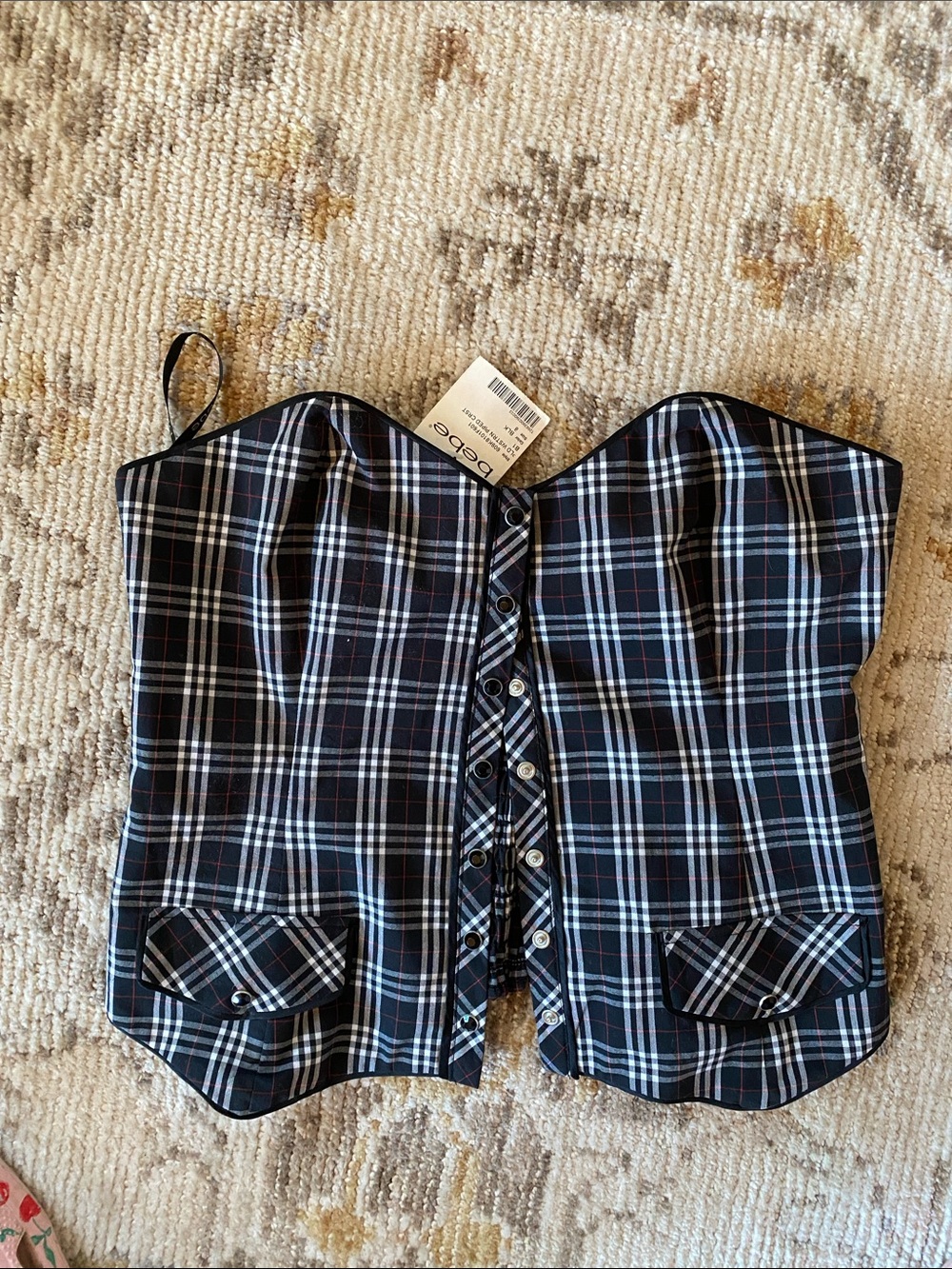 bebe Black and White Plaid Corset-Style One Piece